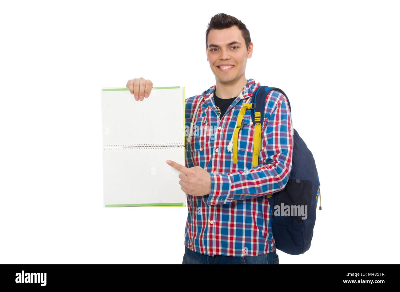 Smiling caucasian student with backpack and book isolated on whi Stock ...