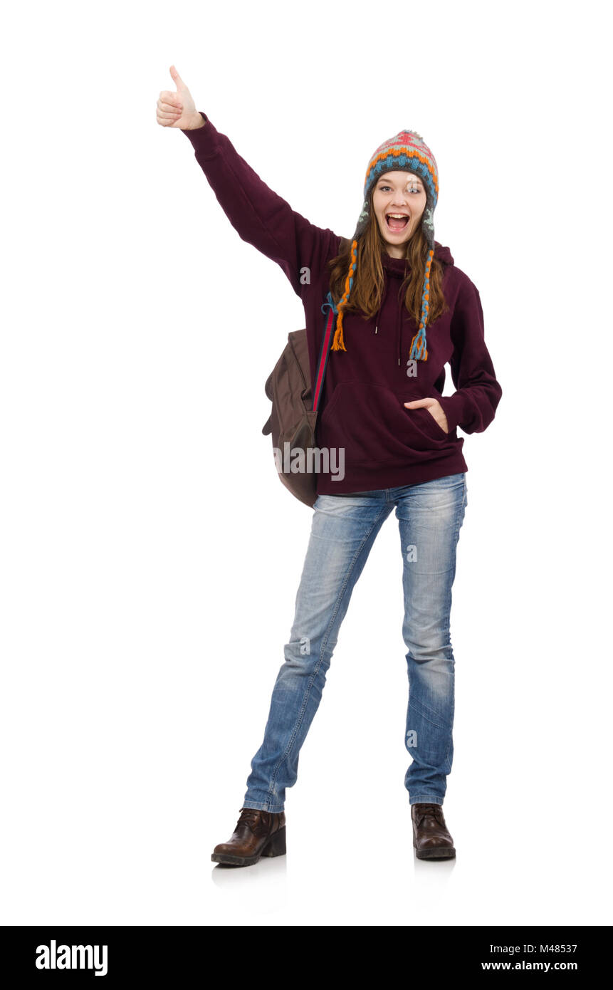 Smiling student with backpack isolated on white Stock Photo - Alamy