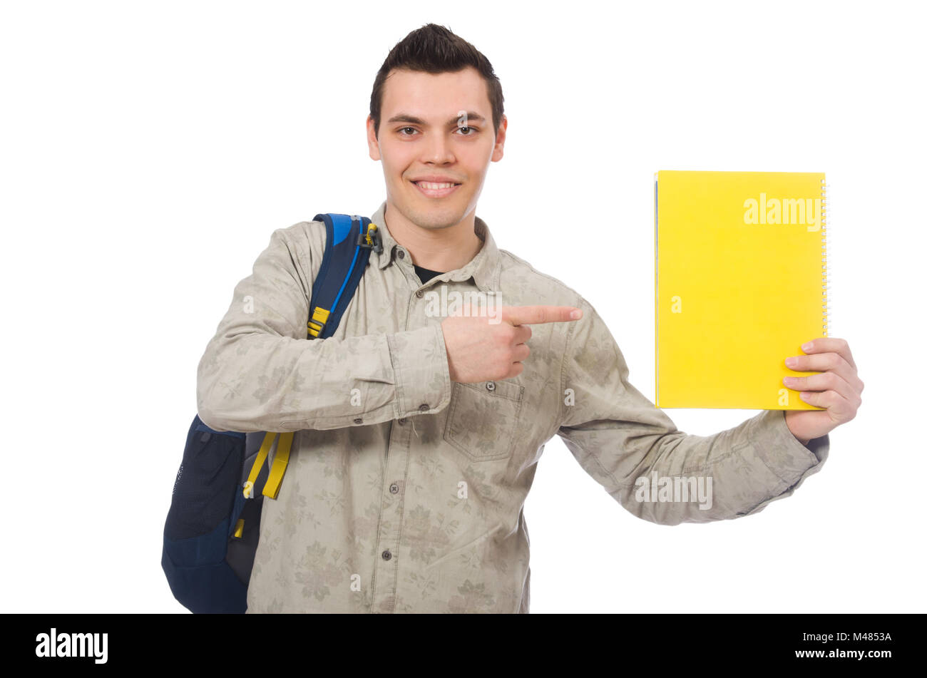 Smiling caucasian student with backpack and book isolated on whi Stock ...