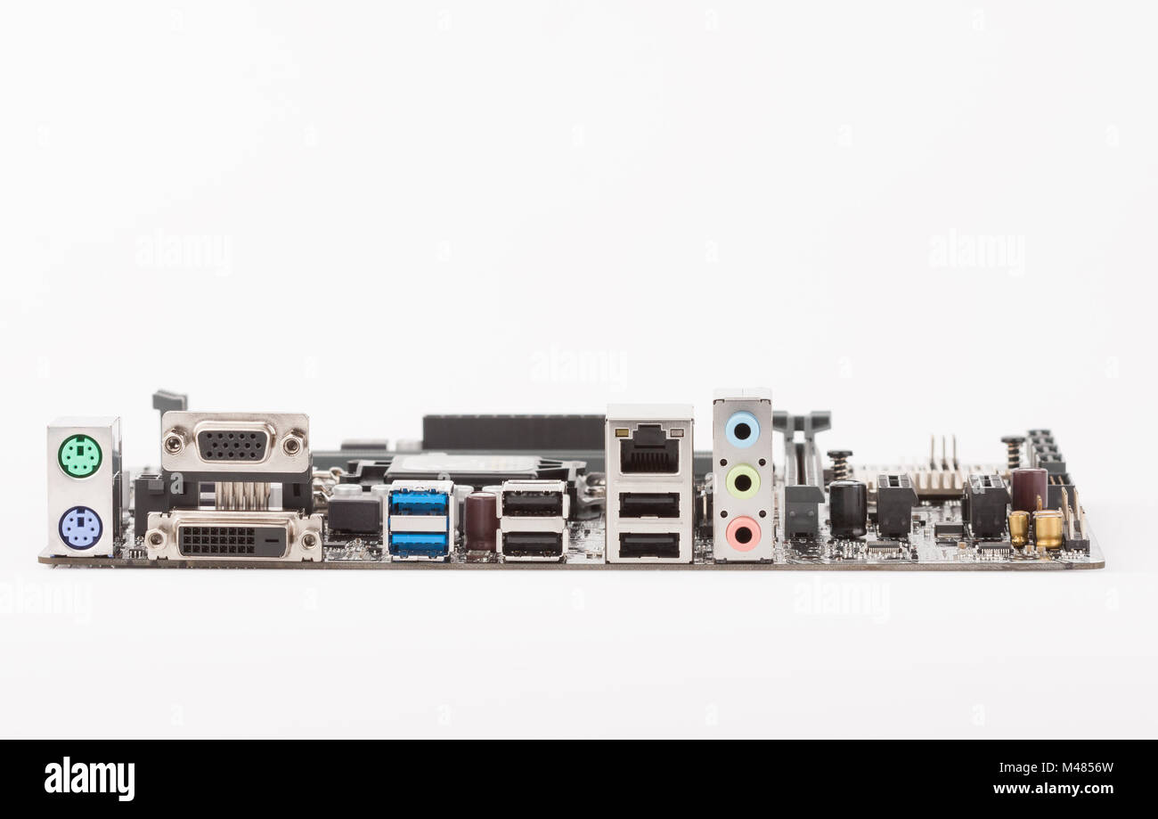 Ports of new, modern computer motherboard, isolated on white background