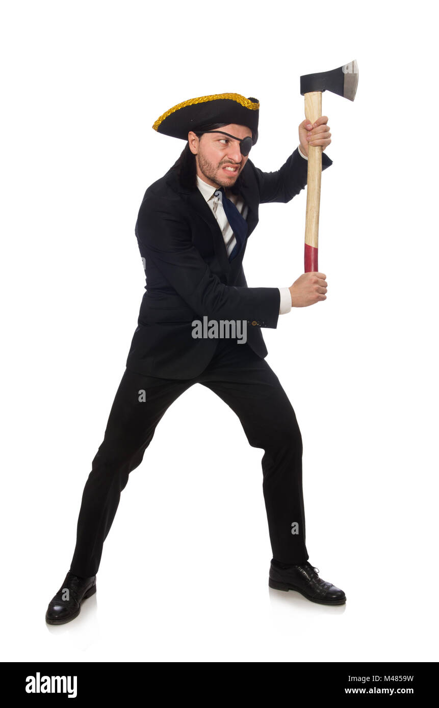 Pirate businessman with axe isolated on white Stock Photo Alamy