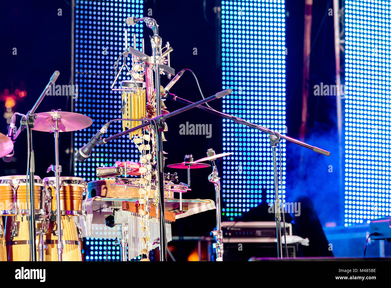 concert stage with drum kit and lighting equipment Stock Photo