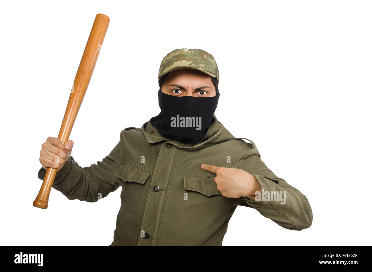 Funny man with baseball bat isolated on white Stock Photo - Alamy