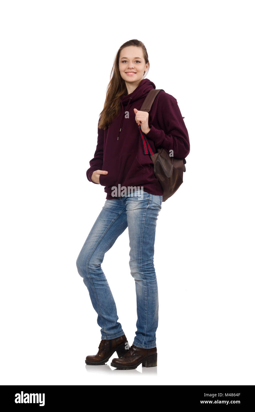 Smiling student with backpack isolated on white Stock Photo - Alamy