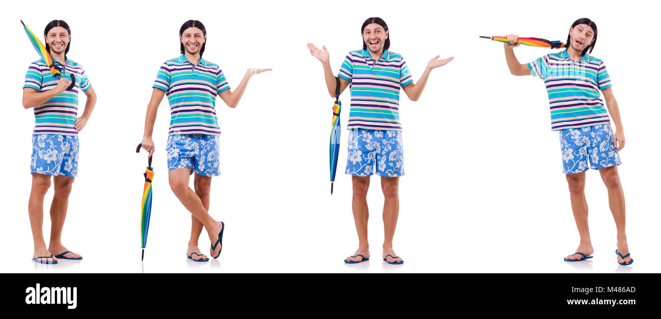 Positive man with colorful umbrella isolated on white Stock Photo - Alamy