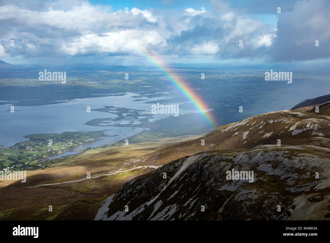 Rainbow over Croagh Patrick and Clew Bay, County Mayo, Ireland. Stock Photo