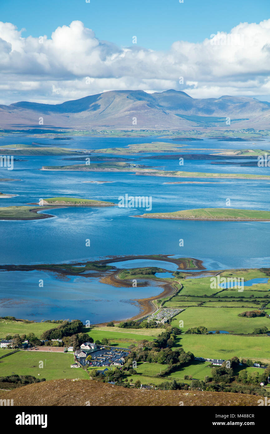 View across Clew Bay from the summit of Croagh Patrick, County Mayo, Ireland. Stock Photo