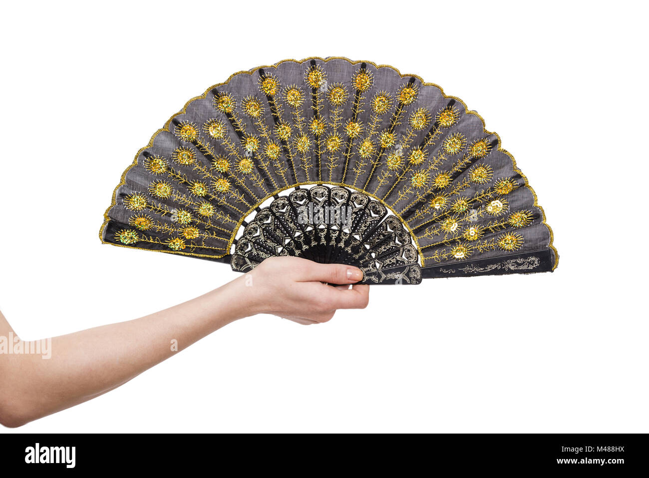 Hand holding fan isolated on white background Stock Photo