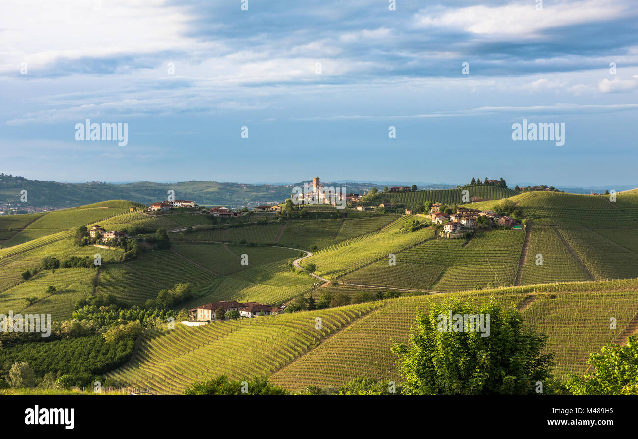 Panorama of Piedmont vineyards and Barbaresco town Stock Photo