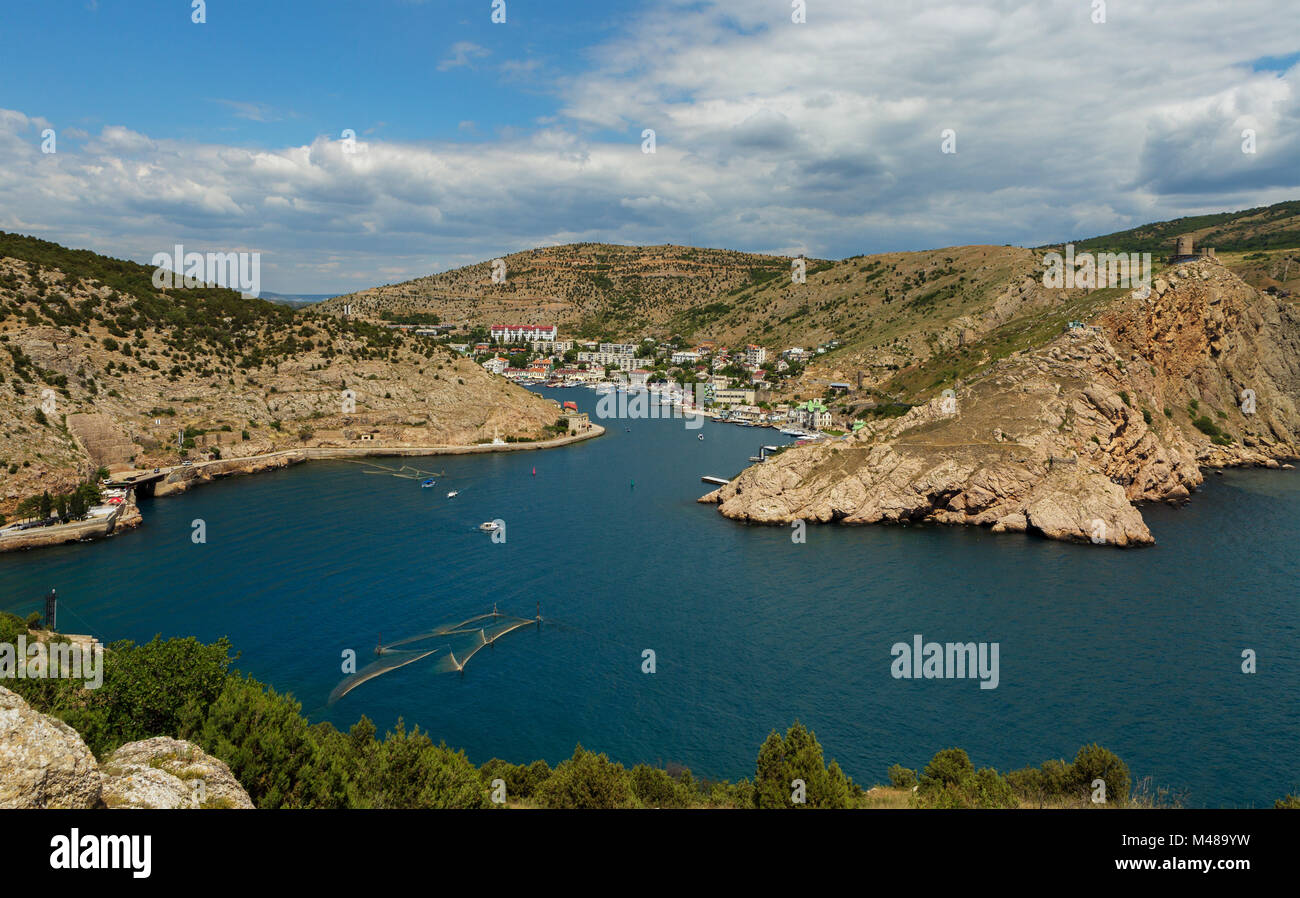 Balaklava is popular Crimean resort Bay former submarine base Stock Balaklava is popular Crimean resort Bay former submarine base Stock