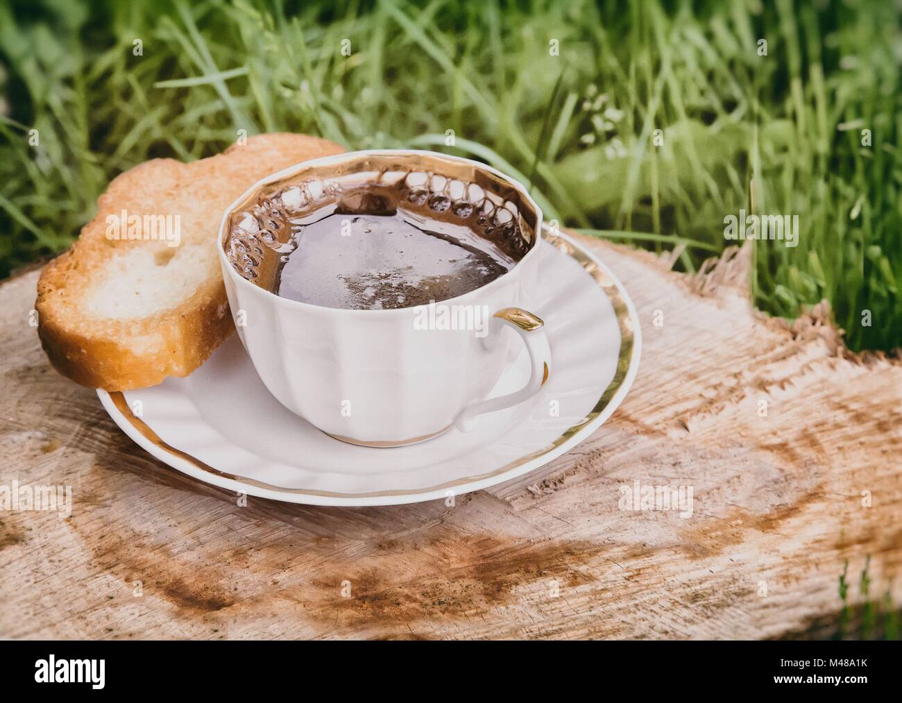 Still life: a Cup of black coffee in the garden. Stock Photo