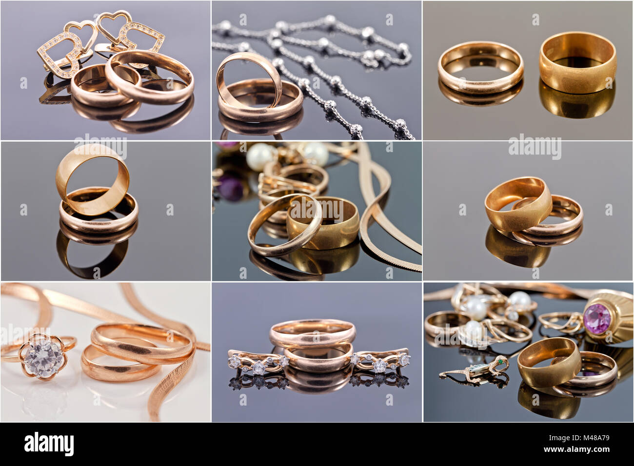 selection of photographs with gold wedding rings and wedding jewelry Stock Photo