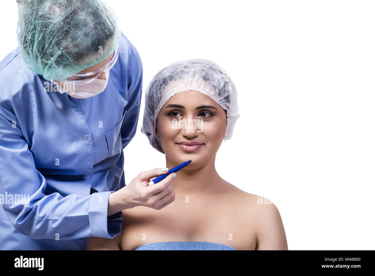 Young woman preparing for plastic surgery isolated on white Stock Photo