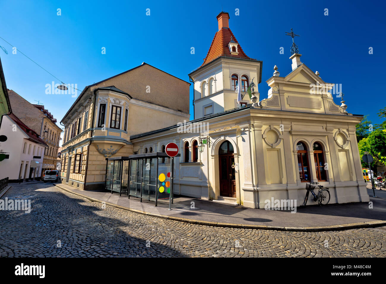 Ljubljana cobbled old street and architecture view Stock Photo