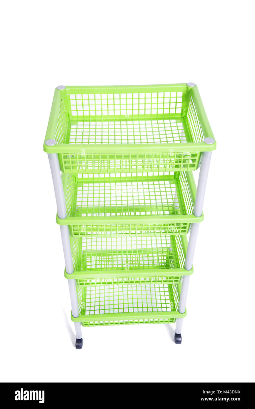 Green bin rack shelf with wheels isolated on white Stock Photo