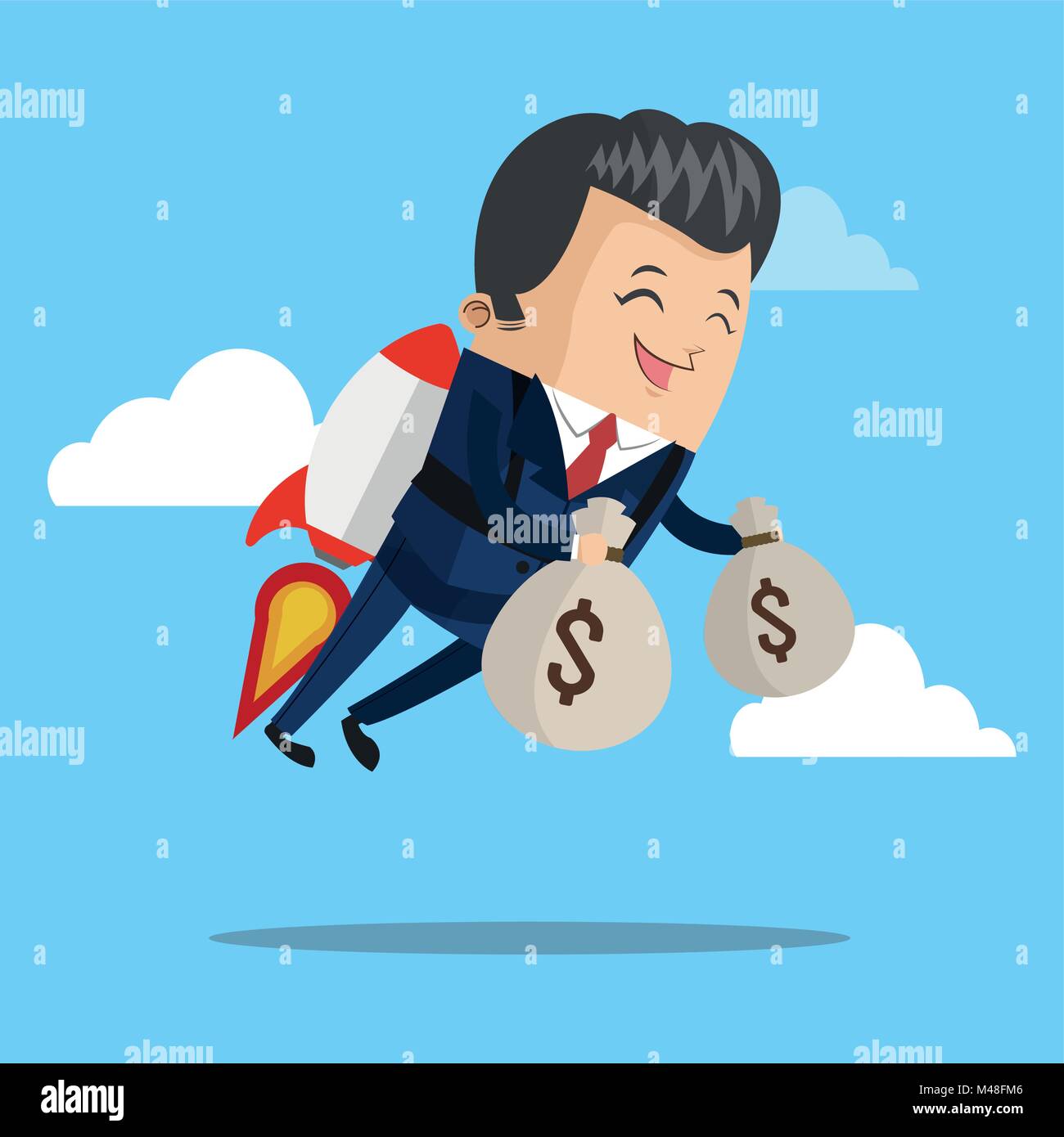 Businessman flying jetpack with money bags Stock Vector Image & Art - Alamy