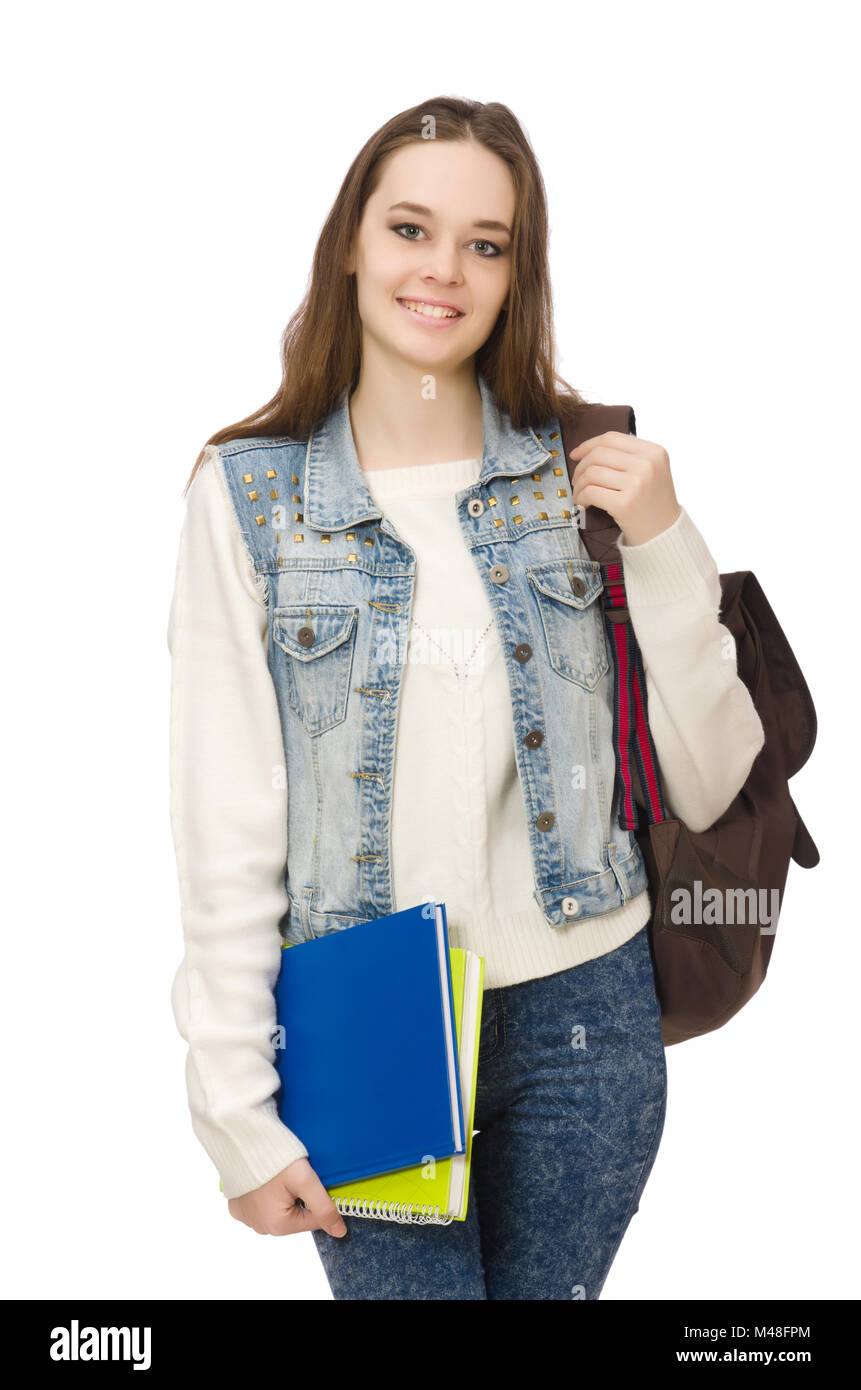 Pretty student holding textbooks isolated on white Stock Photo - Alamy