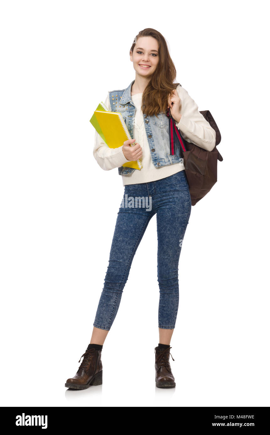 Pretty student holding textbooks isolated on white Stock Photo - Alamy