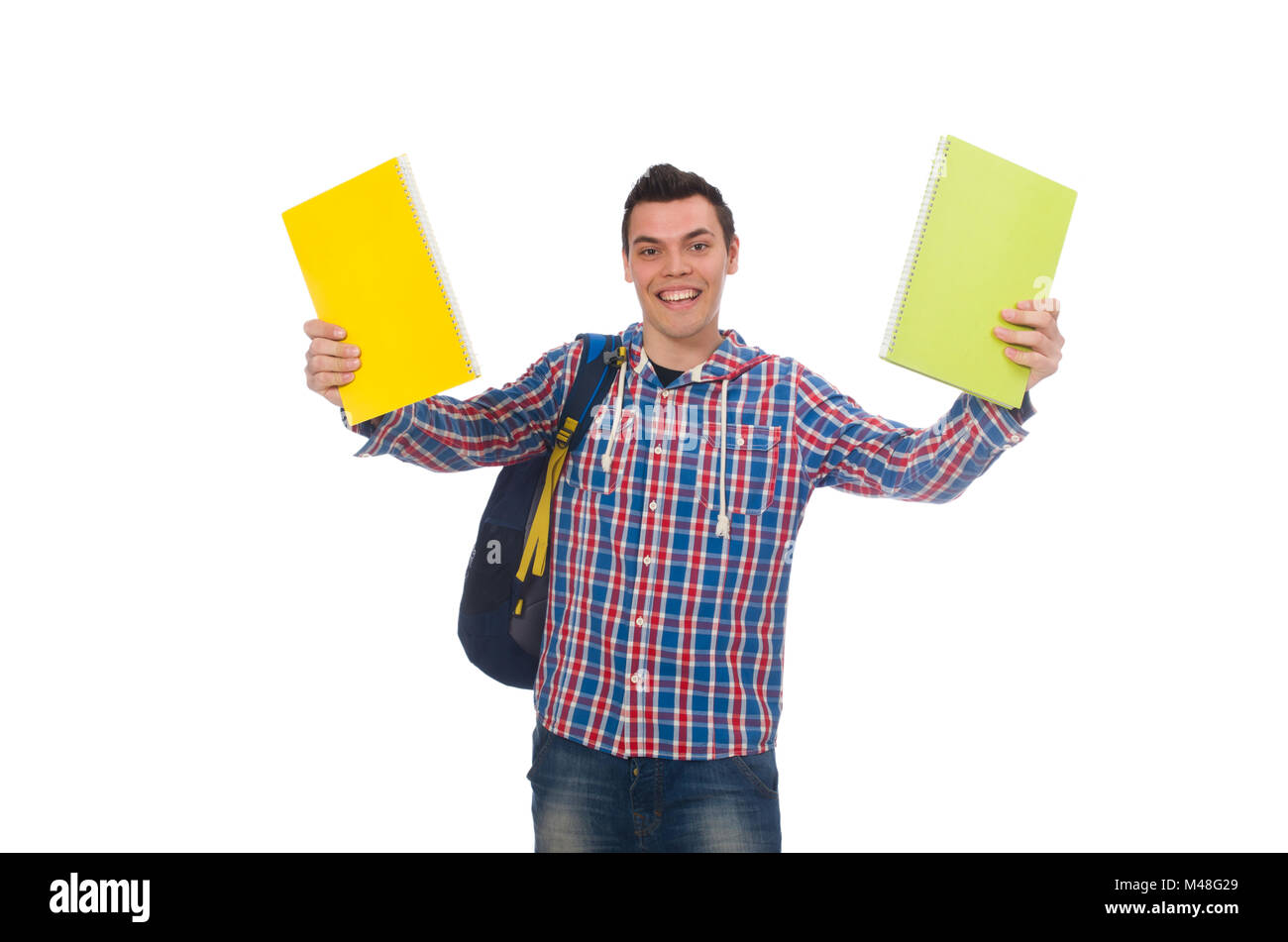 Smiling caucasian student with backpack and books isolated on wh Stock ...