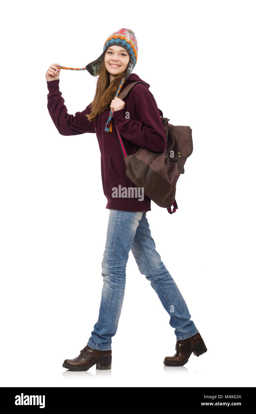 Smiling student with backpack isolated on white Stock Photo - Alamy