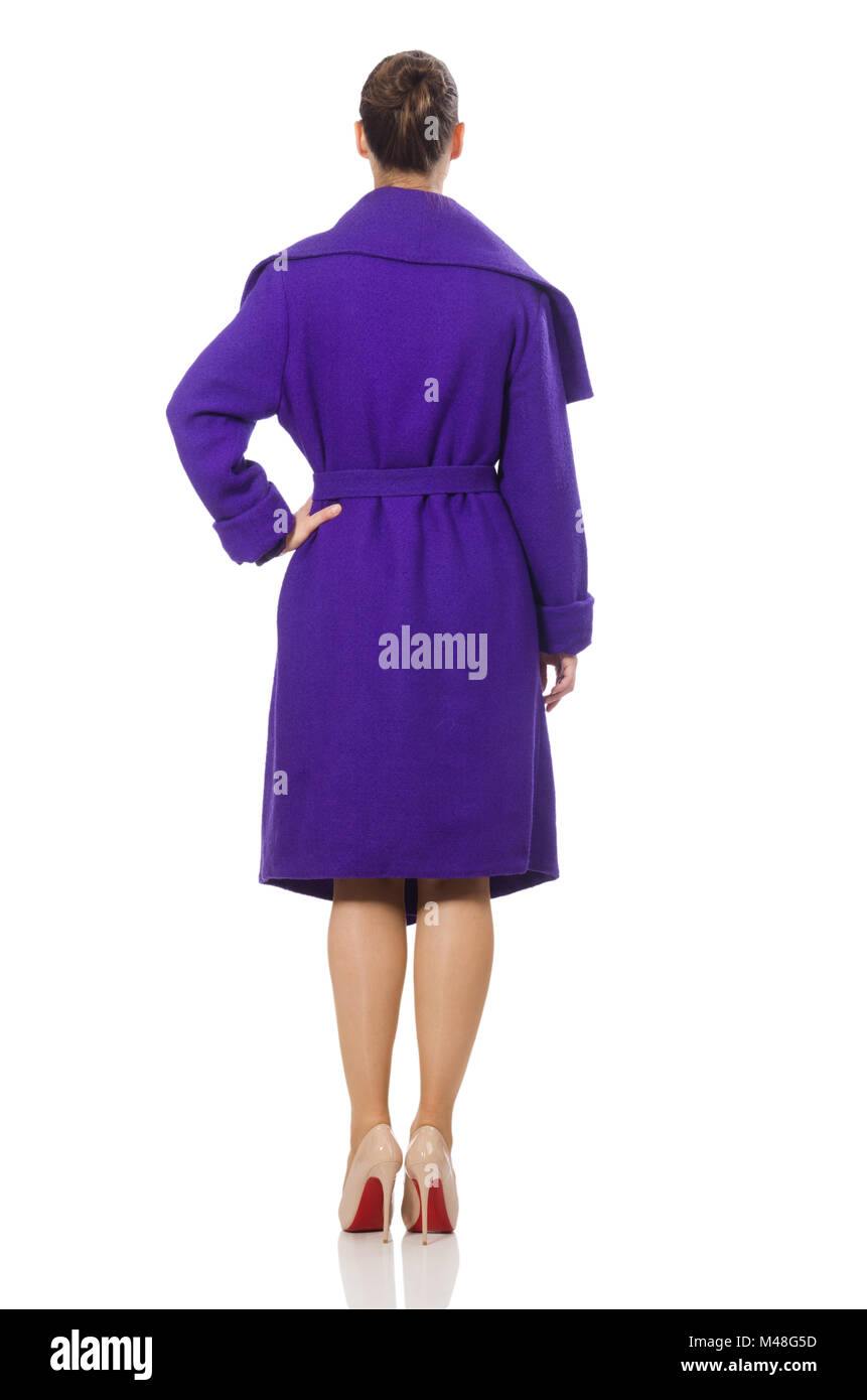Caucasian model in purple coat isolated on white Stock Photo - Alamy