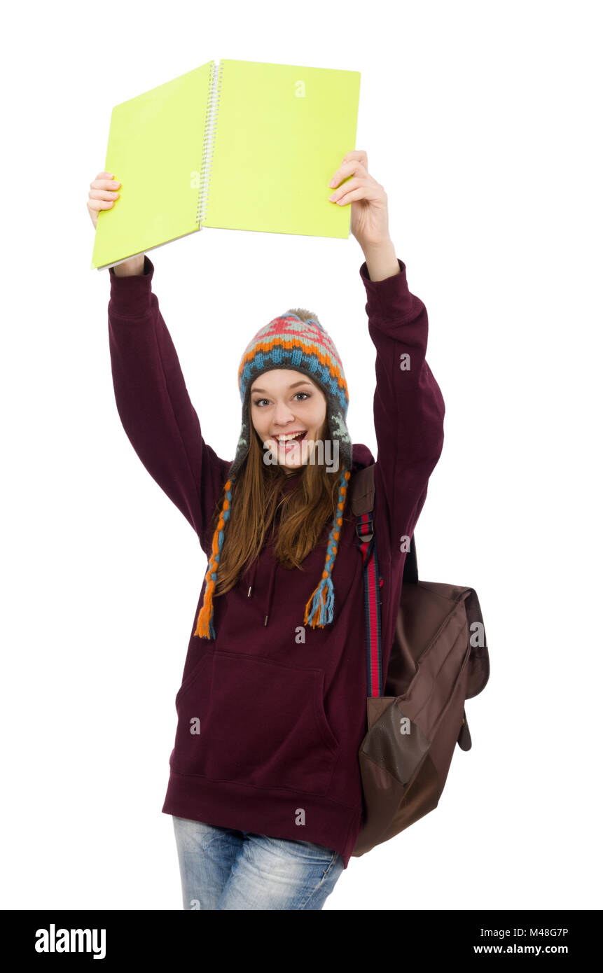 Smiling student with backpack and book isolated on white Stock Photo ...