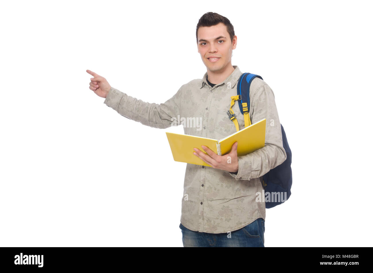 Smiling caucasian student with backpack and book isolated on whi Stock ...