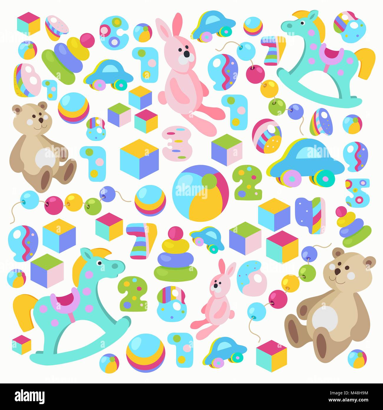 Colorful cartoon style teddy bear, rocking horse, pink rabbit toys vector set Stock Vector