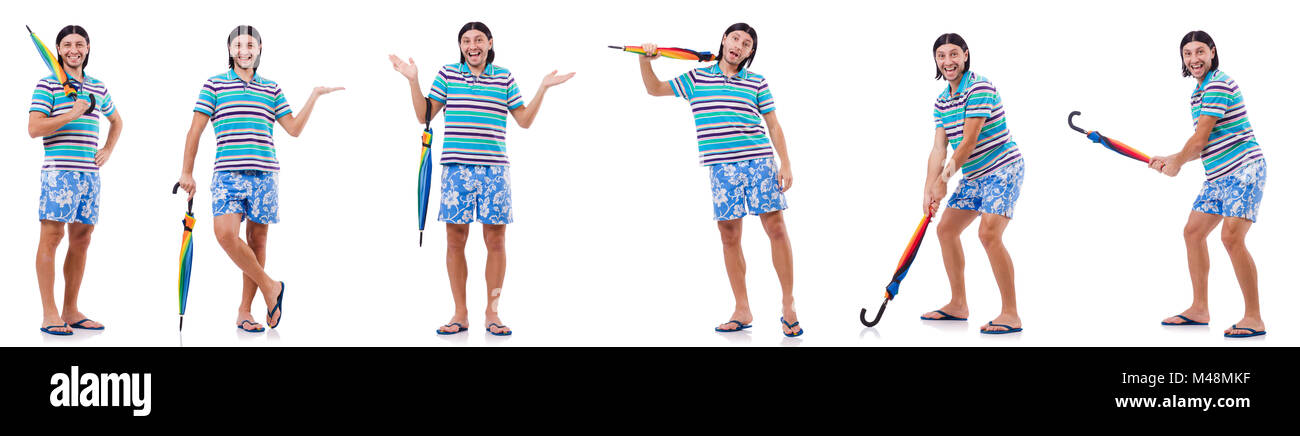 Positive man with colorful umbrella isolated on white Stock Photo - Alamy