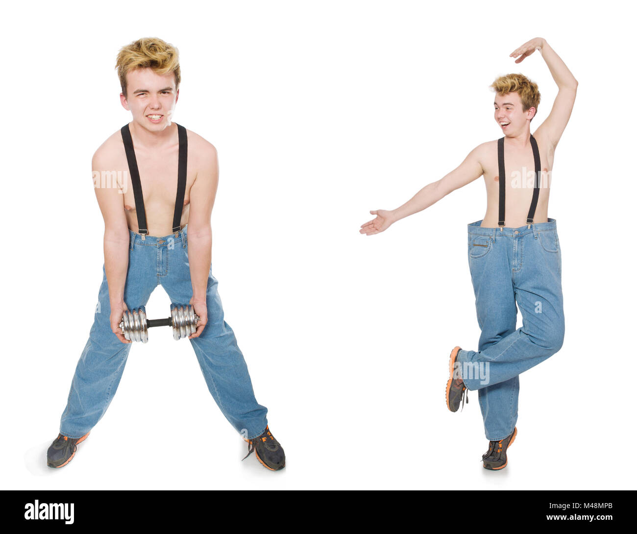Collage funny man dumbbells hi-res stock photography and images - Alamy