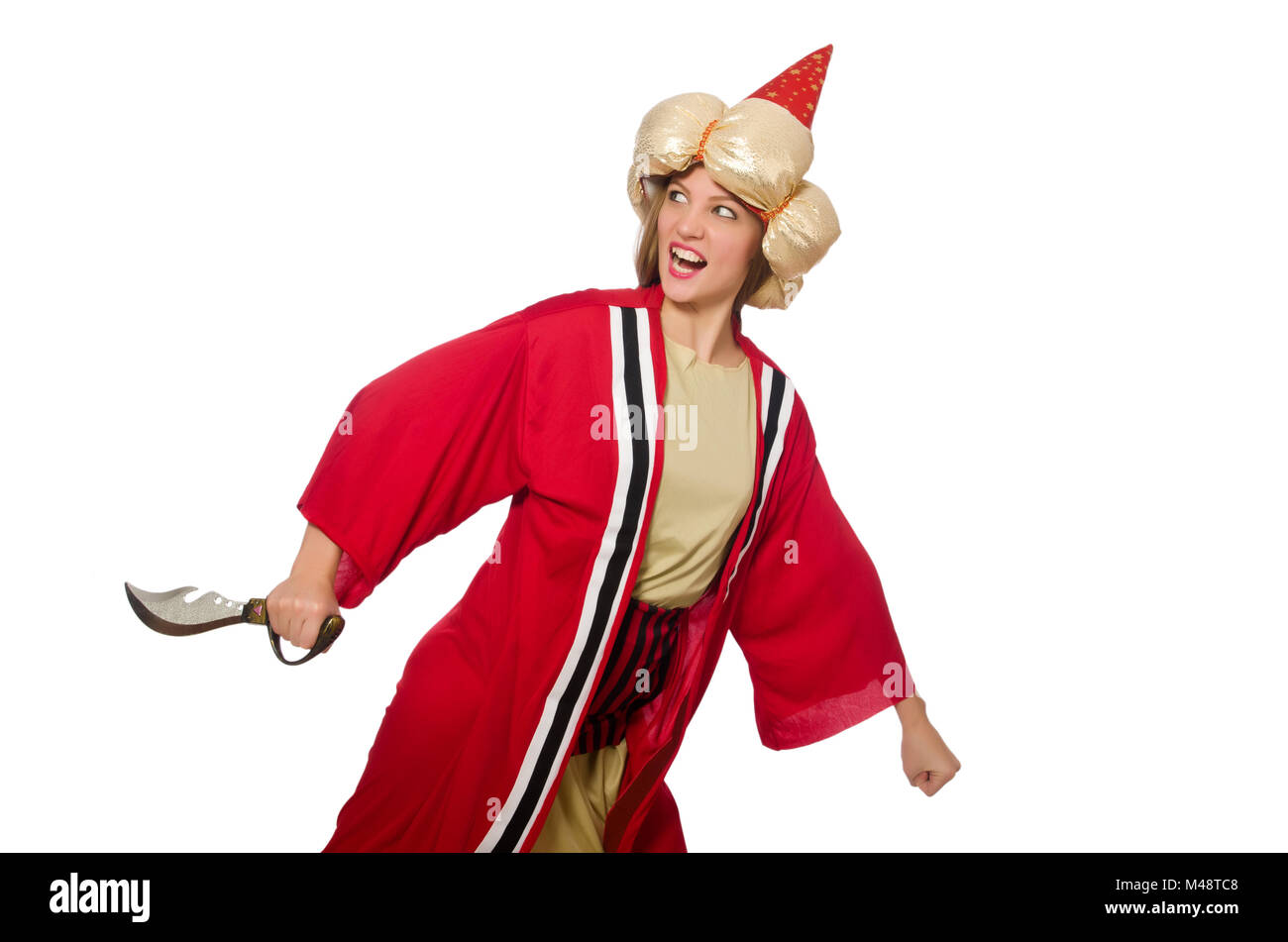 Woman wizard in red clothing isolated on white Stock Photo - Alamy