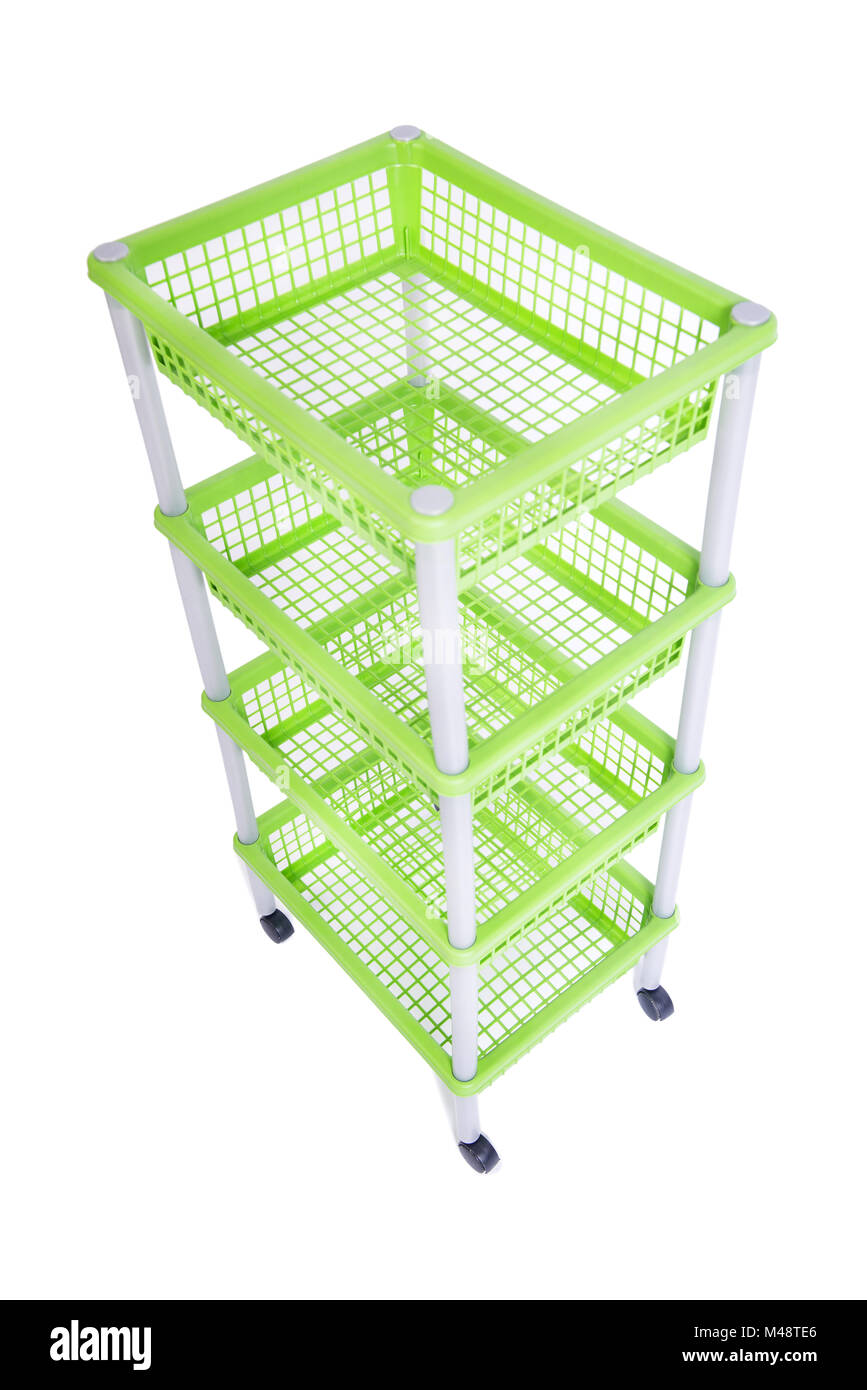 Green bin rack shelf with wheels isolated on white Stock Photo