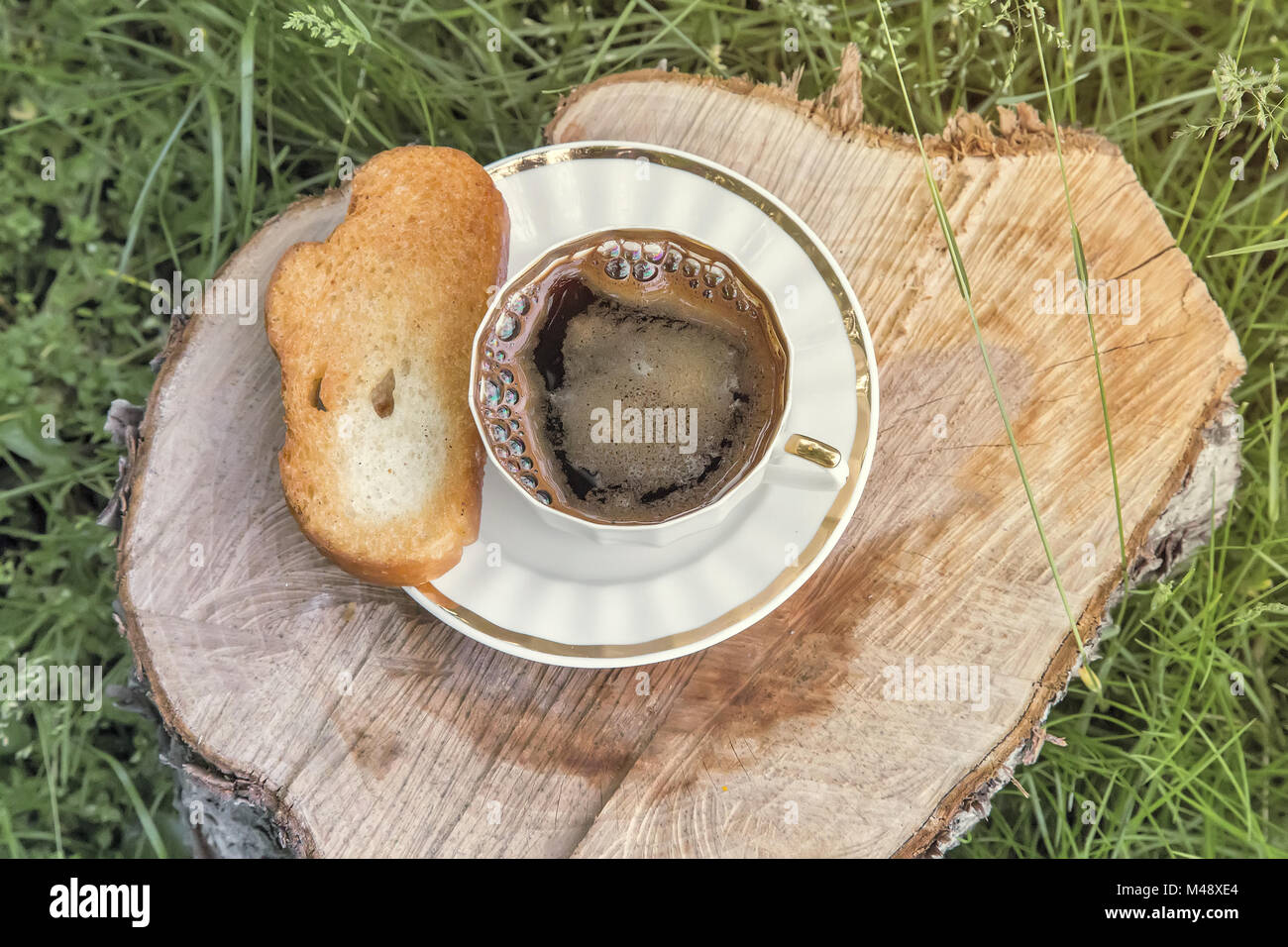 Still life: a Cup of black coffee in the garden. Stock Photo