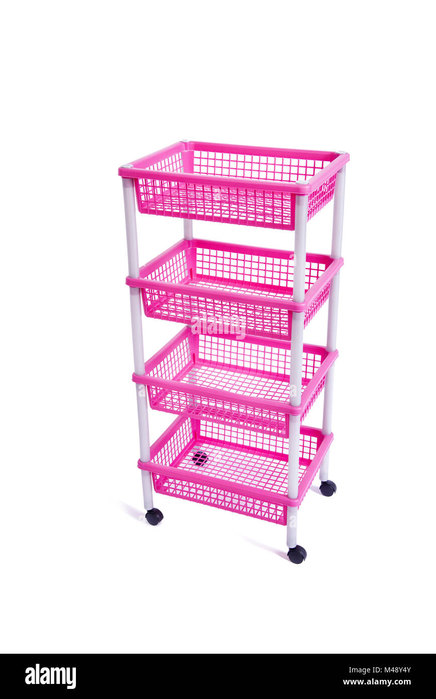 Pink bin rack shelf with wheels isolated on white Stock Photo - Alamy