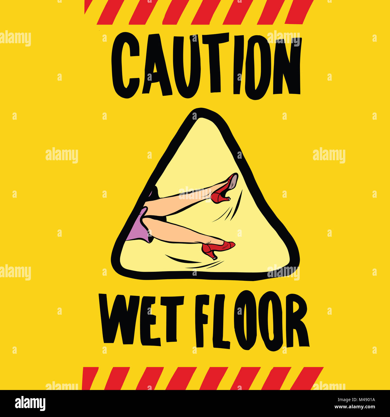 caution wet floor female feet Stock Photo