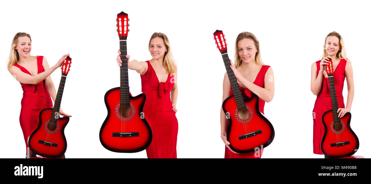 Pretty girl holding guitar isolated on white Stock Photo - Alamy