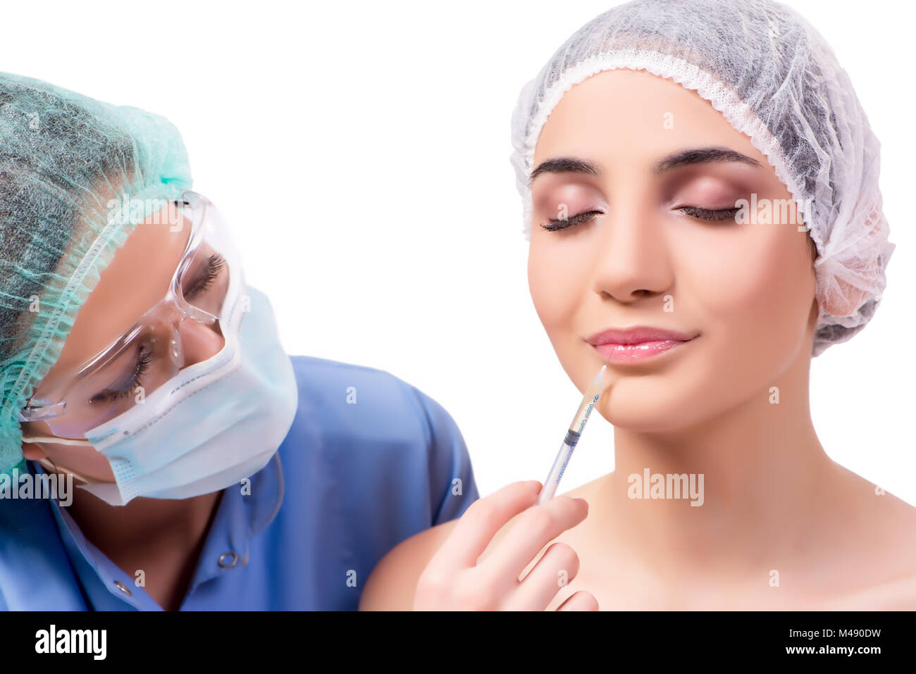Young woman preparing for plastic surgery isolated on white Stock Photo