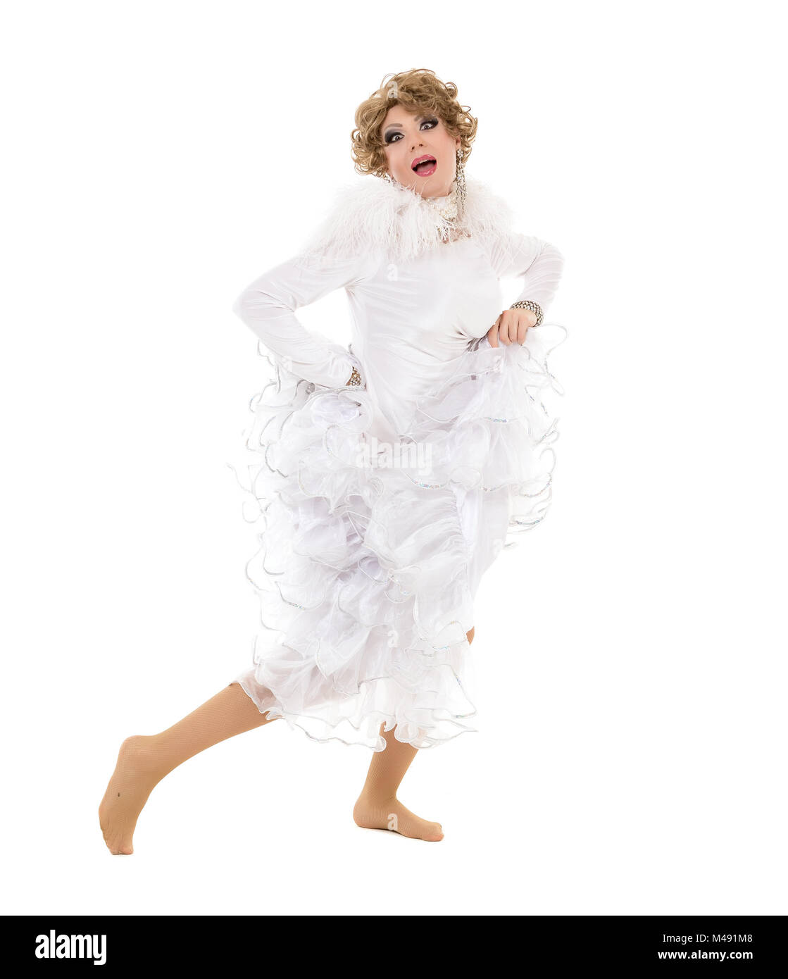 Portrait Drag Queen in White Dress Performing Stock Photo