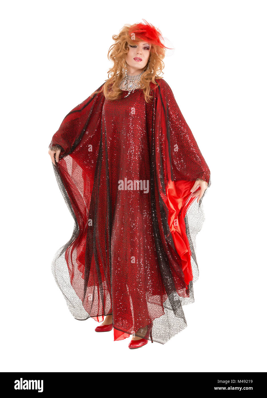 Portrait Drag Queen in Woman Red Dress Performing Stock Photo