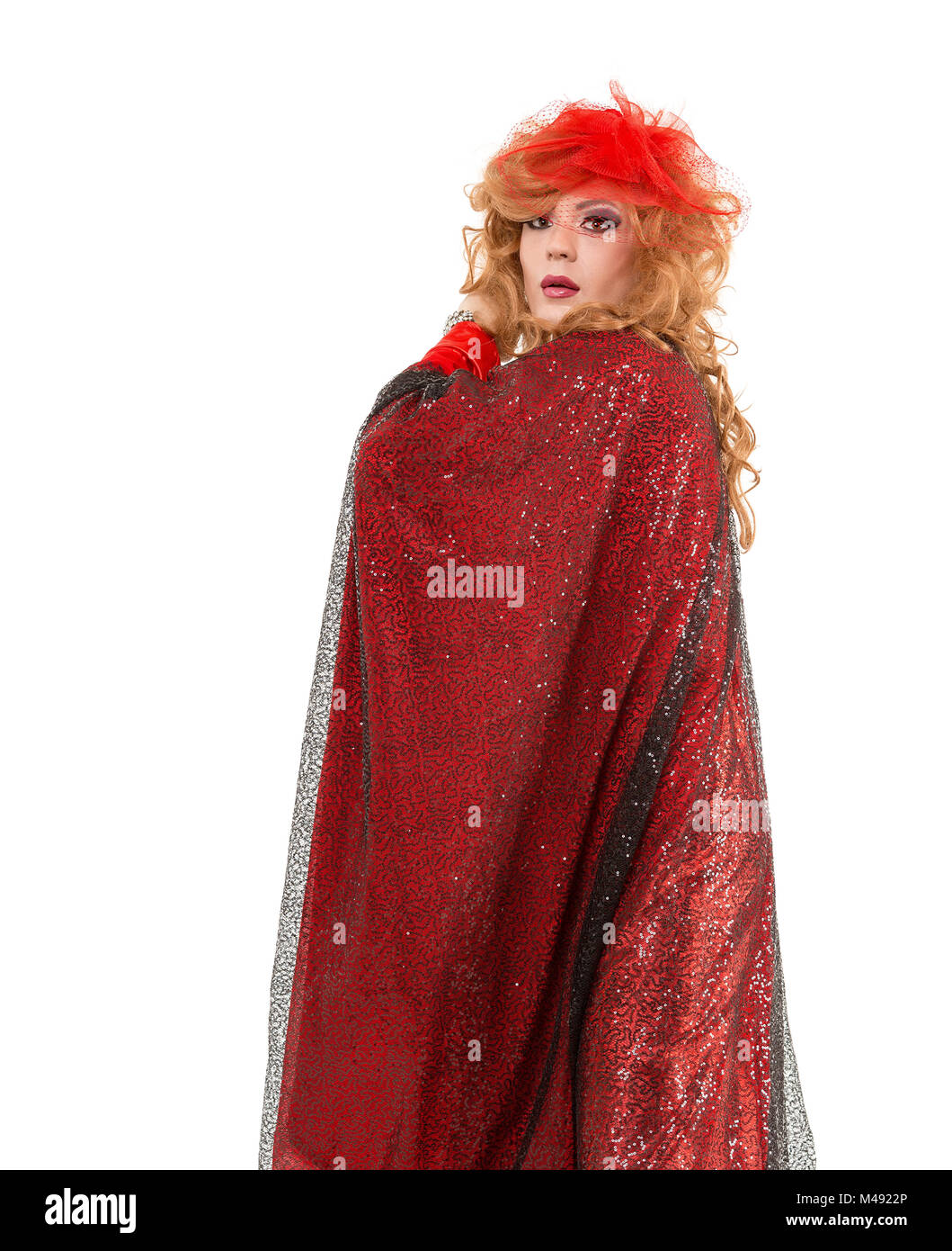 Portrait Drag Queen in Woman Red Dress Performing Stock Photo