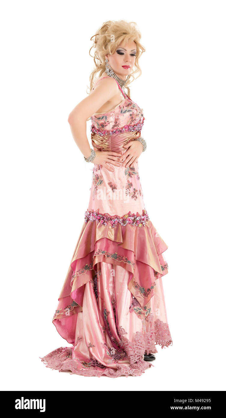 Portrait Drag Queen in Pink Evening Dress Performing Stock Photo