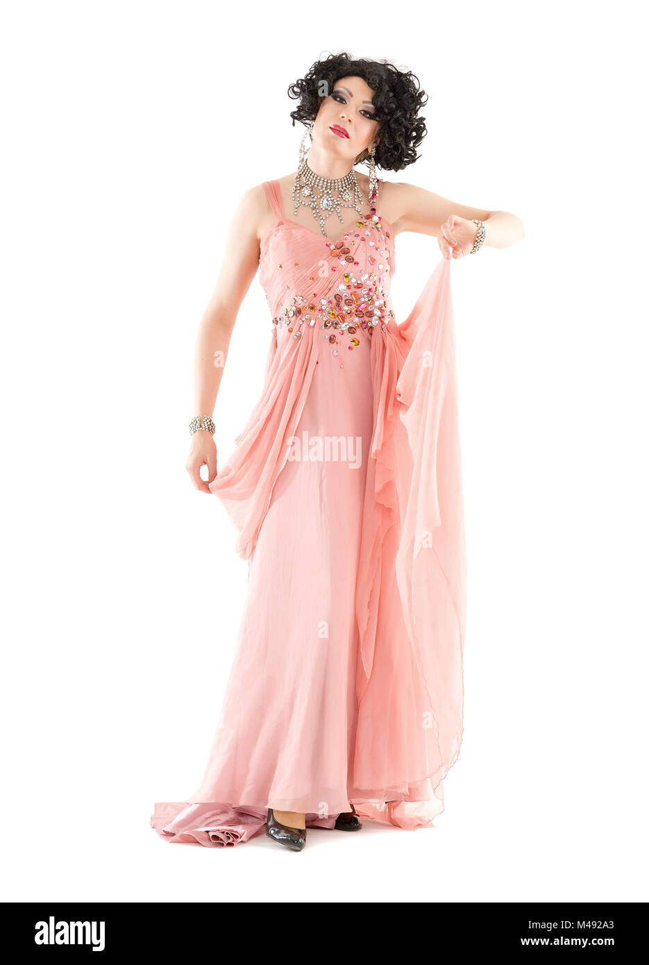 Portrait Drag Queen in Pink Evening Dress Performing Stock Photo