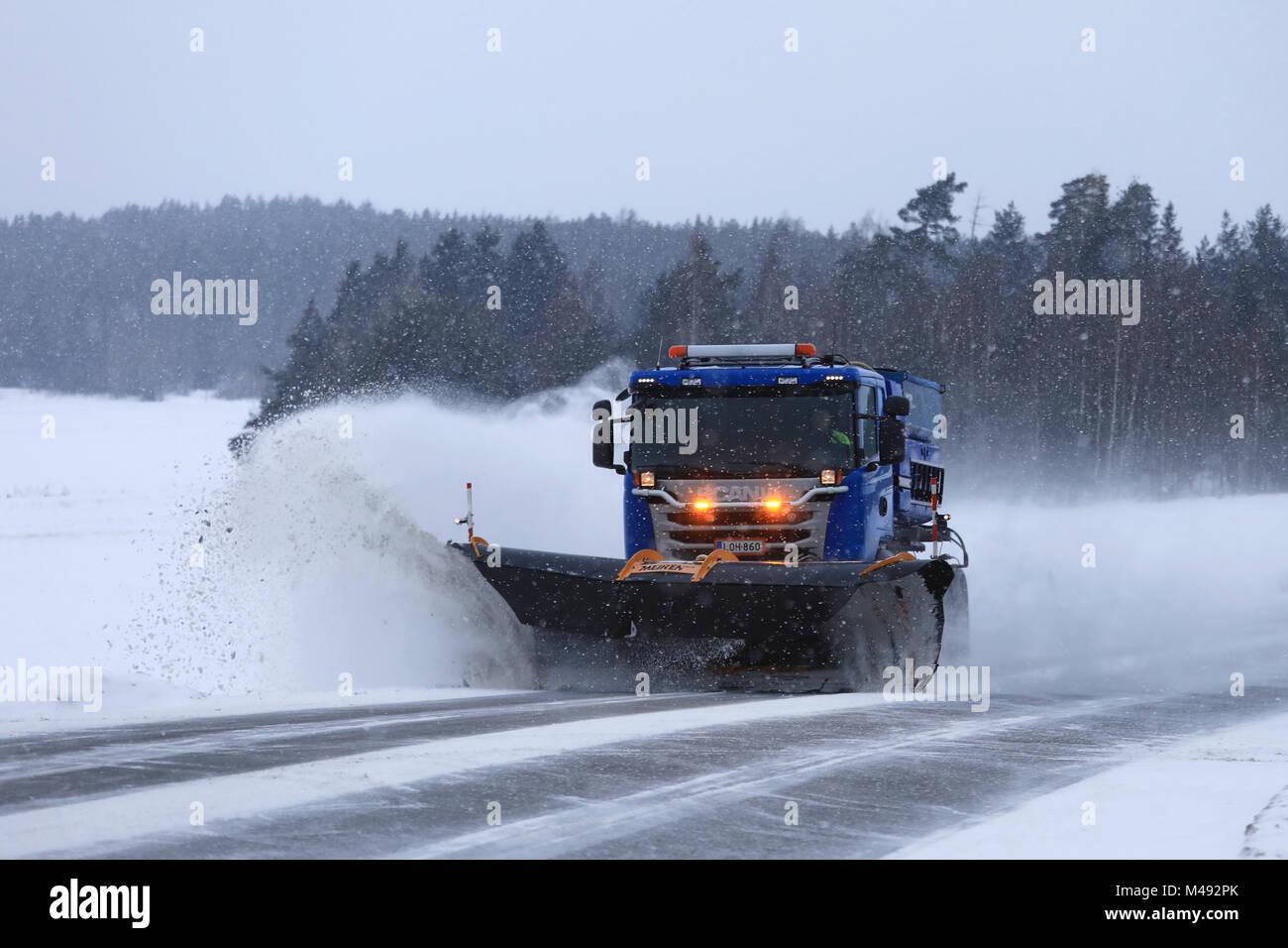 Salo Finland February 9 2018 Scania Truck Equipped With Snowplow Clears A Highway During A Blizzard In South Of Finland Stock Photo Alamy