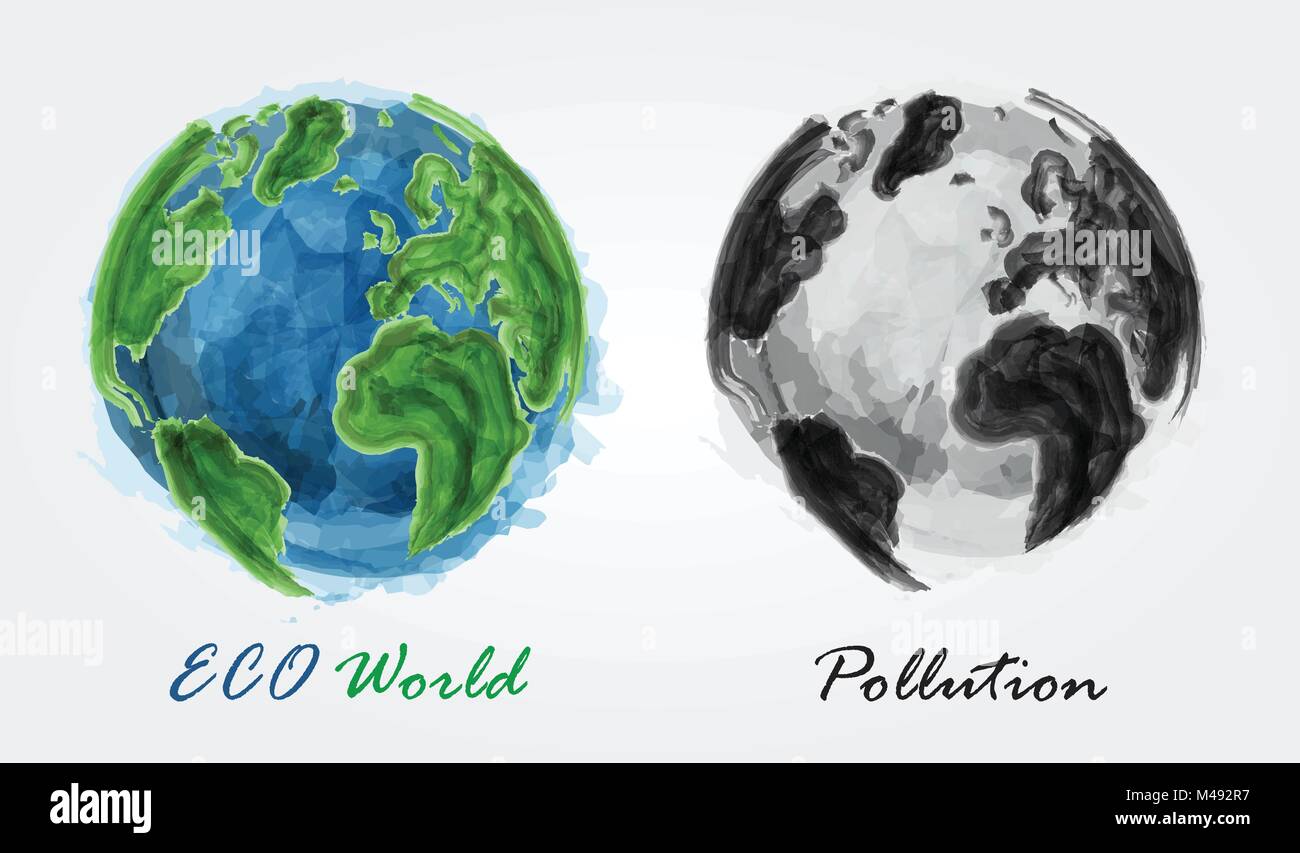 ECO world and Pollution . Watercolor painting design . Ecological concept . Vector . Stock Vector