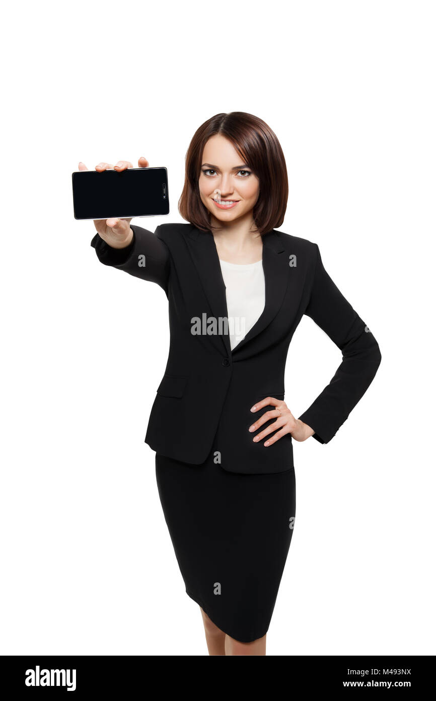 Business woman show mobile cell phone display Stock Photo