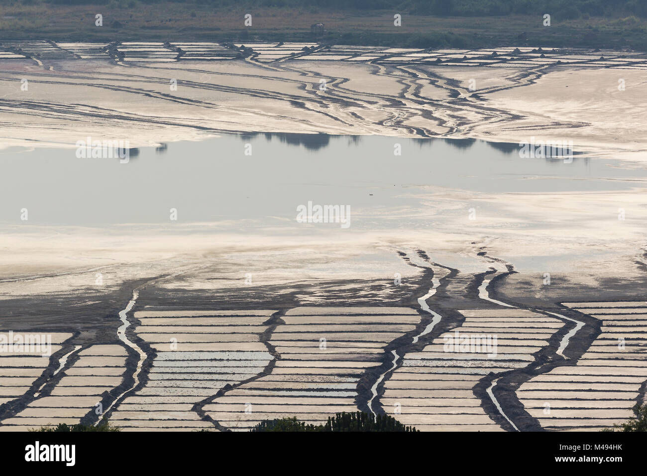 Salt harvesting system inside the crater, Bunyampaka salt lake, Queen Elizabeth National Park. Uganda Stock Photo