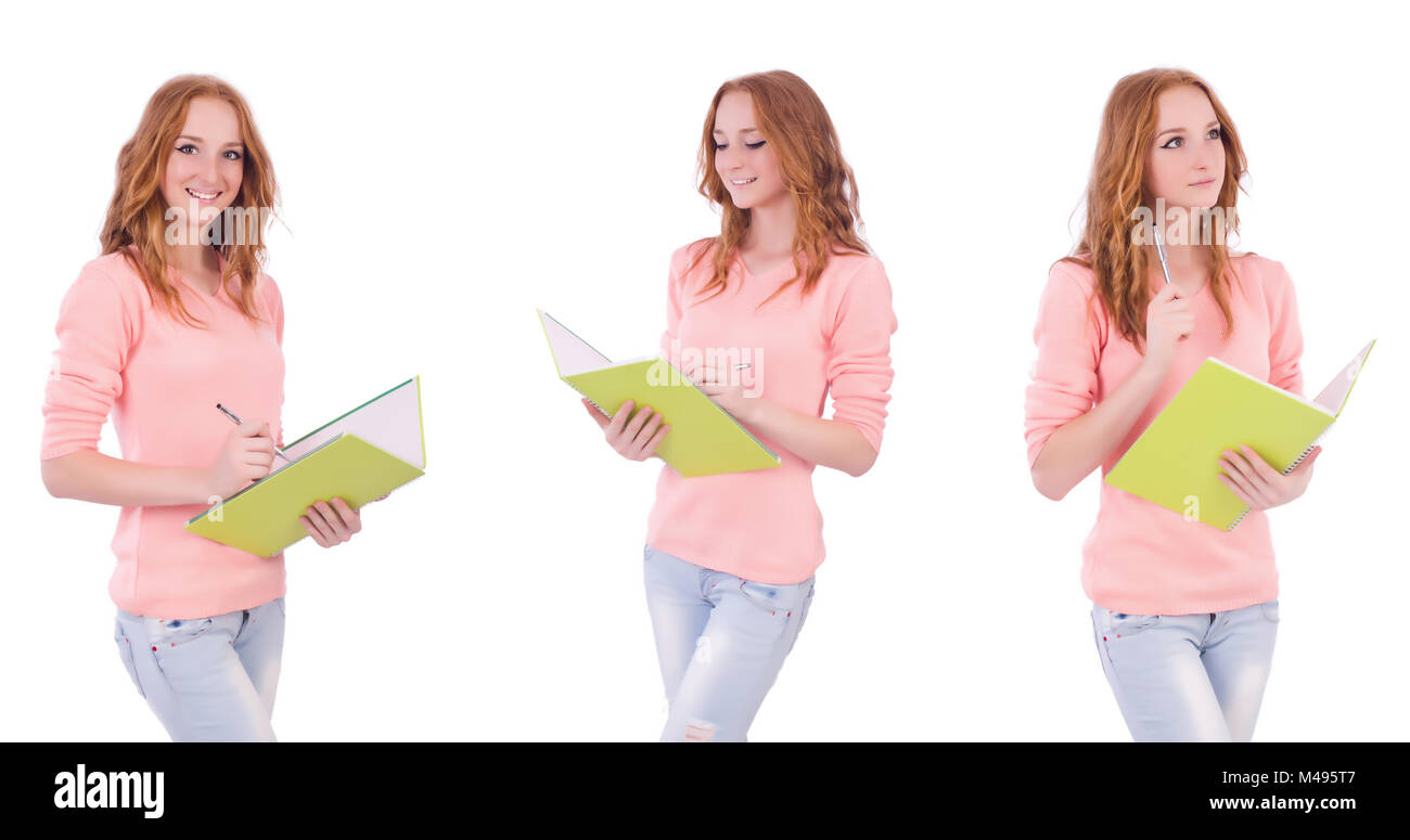 Young student with notebooks isolated on white Stock Photo - Alamy