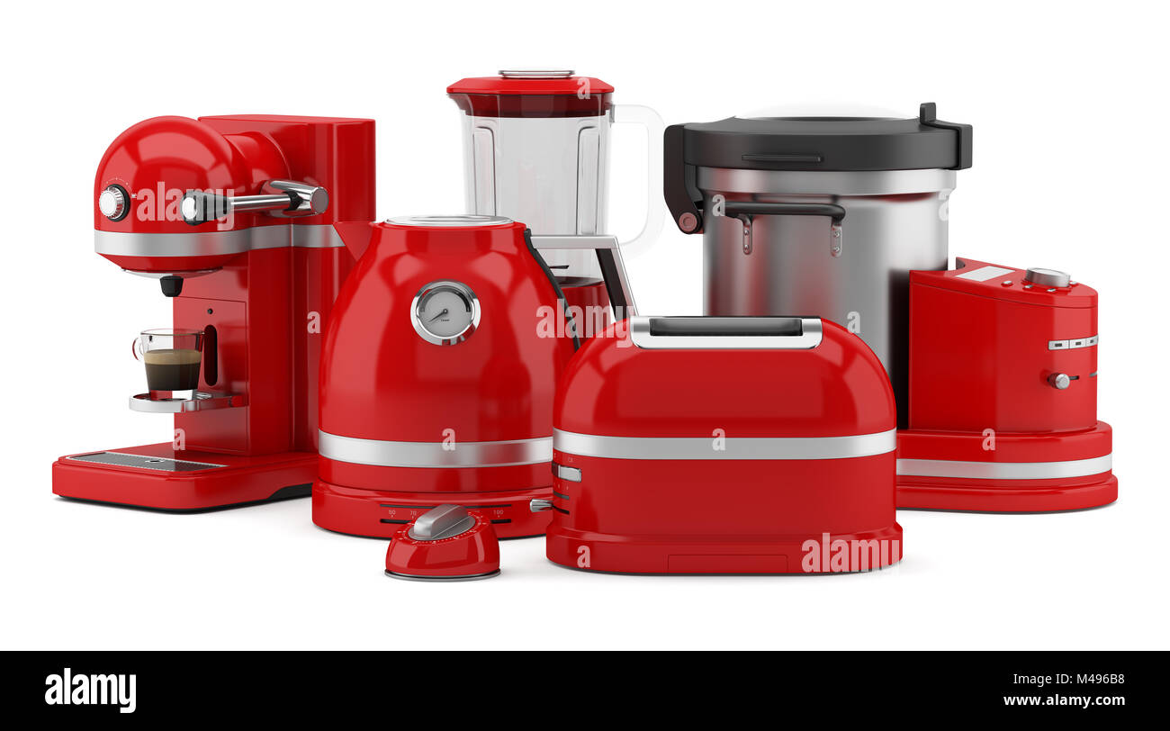 Red Kitchen Appliances Isolated On White Background Stock Photo Alamy
