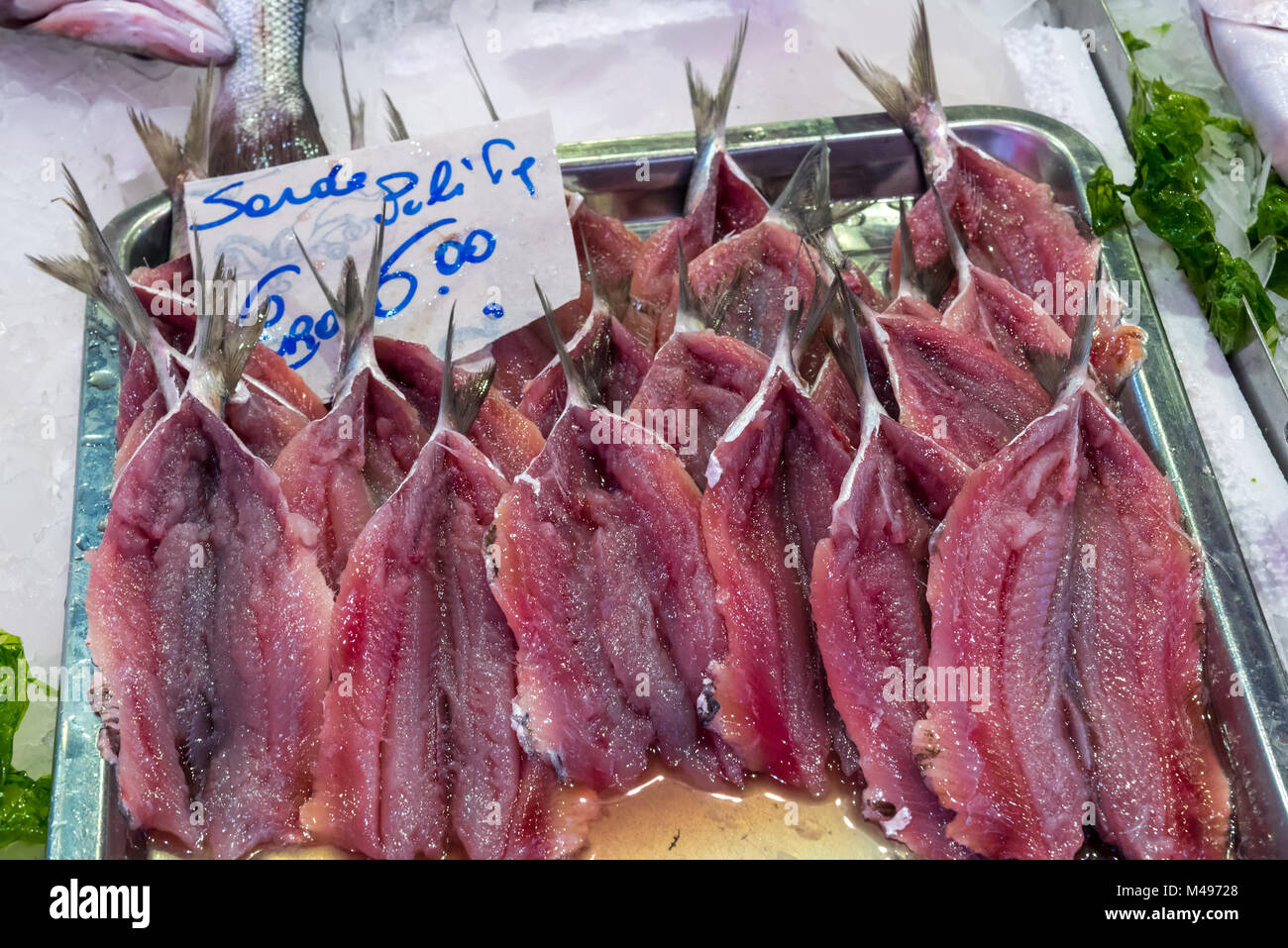 Sardine fillets for sale at a market in Palermo Stock Photo