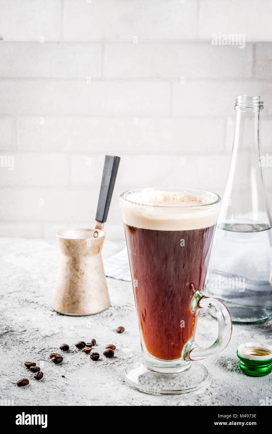 Trendy modern drink. Coffee espresso with mineral water, with coffee